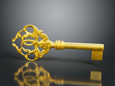 Golden Decorative Key With Intricate Floral Design On Shiny Black Surface 3d model