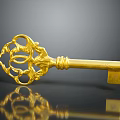 Golden Decorative Key With Intricate Floral Design On Shiny Black Surface