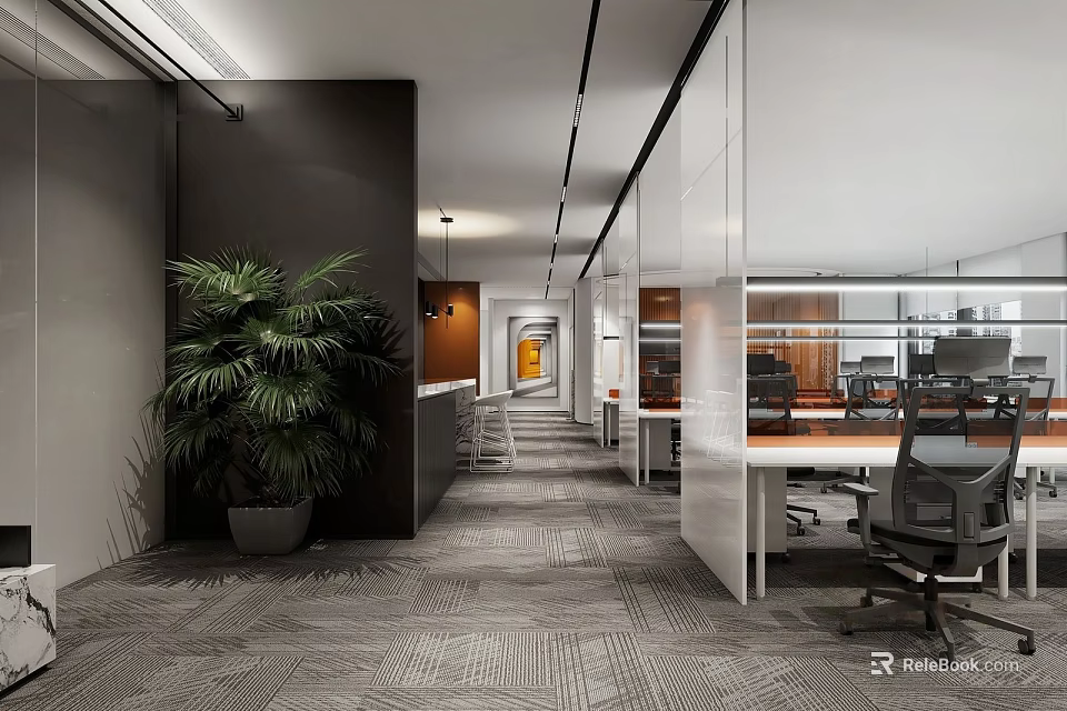 Modern Public Office Space With Work Desks Ergonomic Chairs Large Potted Plants And Open Layout 3d model 