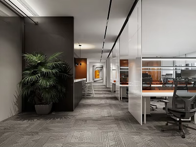 Modern Public Office Space With Work Desks Ergonomic Chairs Large Potted Plants And Open Layout 3d model