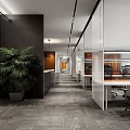 Modern Public Office Space With Work Desks Ergonomic Chairs Large Potted Plants And Open Layout