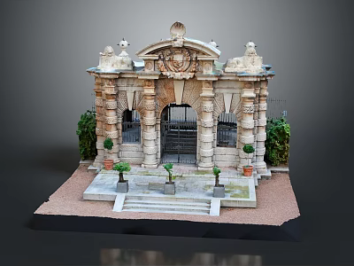 Cartoon Scenic Classical Building Model With Arched Gate Columns Steps And Potted Plants 3d model