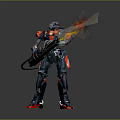 Game Movie Mecha Warrior Character In Blue Red Armor Holding Flaming Weapon