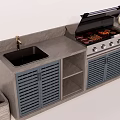 Modern Dining Kitchen Interior With Grill Roasting Meat Sink And Blue Louvered Cabinets