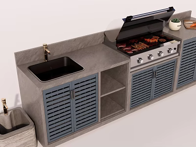 Modern Dining Kitchen Interior With Grill Roasting Meat Sink And Blue Louvered Cabinets 3d model