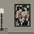 Elegant Floral Painting With Pink White Roses And Decorative Frame Near Floor Lamp