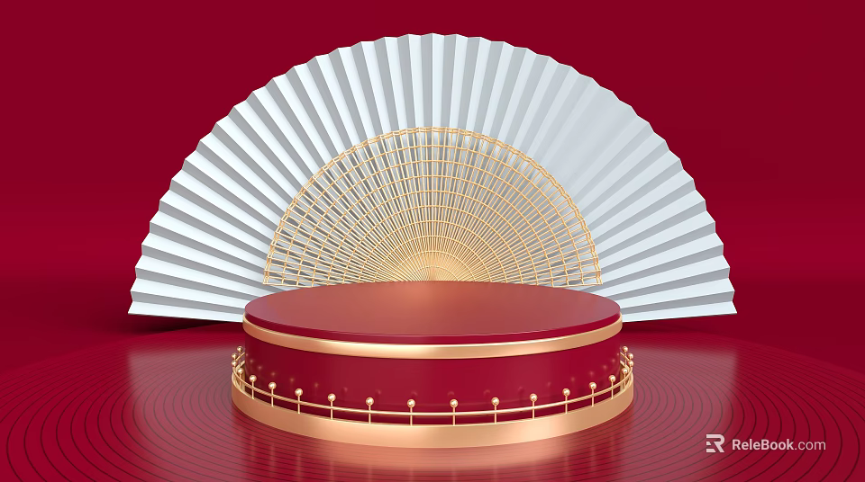 Red Circular Display Stand With Golden Decorations On Red Background And White Fan Shaped Decor 3d model 