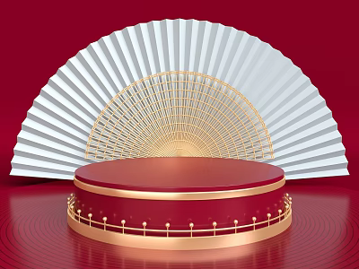 Red Circular Display Stand With Golden Decorations On Red Background And White Fan Shaped Decor 3d model