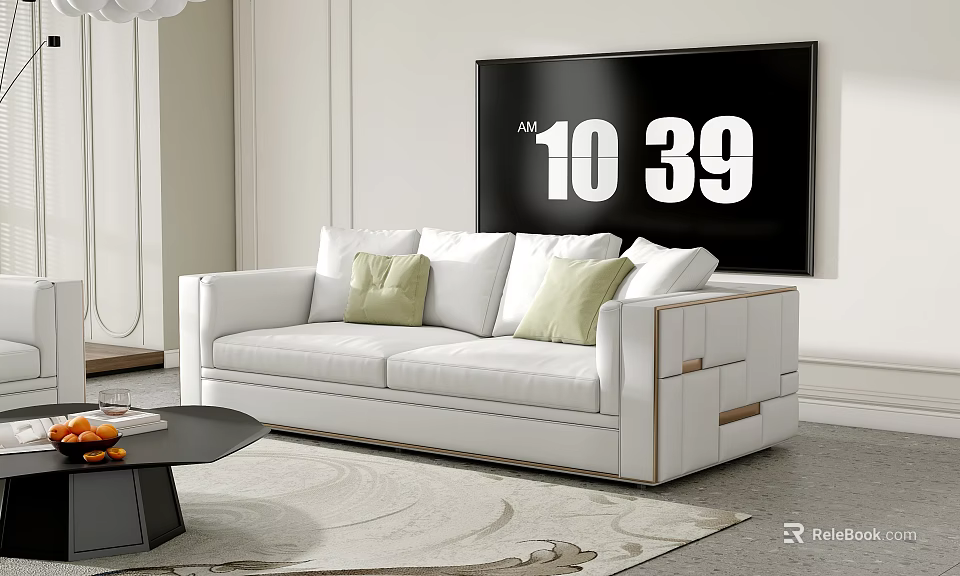 Modern White Sofa and Black Coffee Table Set With Green Pillows in Living Room 3d model 