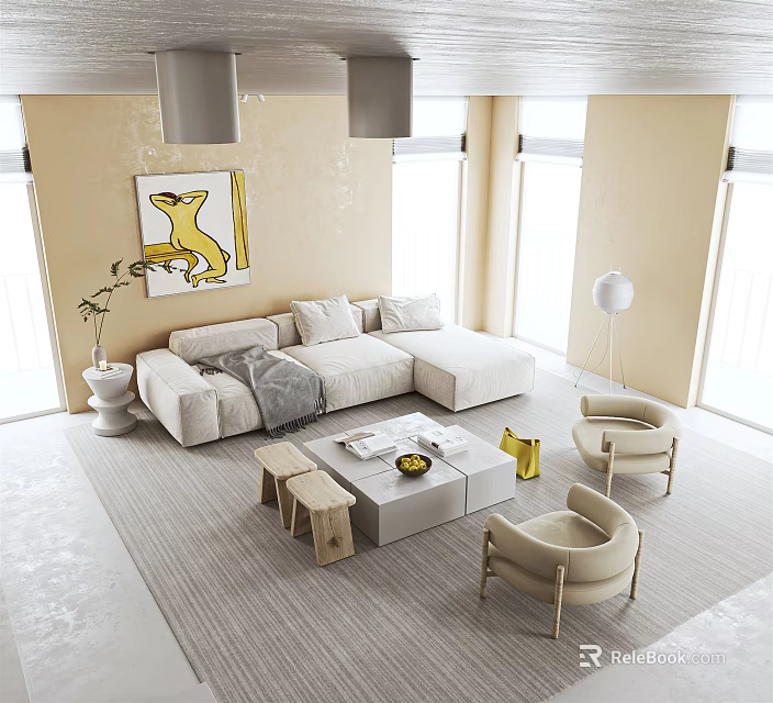 Modern Beige Sofa and Coffee Table Set with Accent Chairs Floor Lamp and Wall Art 3d model