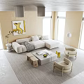 Modern Beige Sofa and Coffee Table Set with Accent Chairs Floor Lamp and Wall Art 3d model