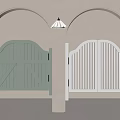Arched Door Frames With Light Green Double Doors White Slatted Design And Ceiling Lamp 3d model