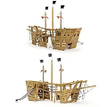 Wooden Building Blocks Pirate Ship With Slide Rope Net Masts And Flags