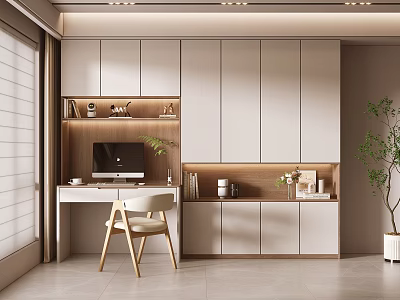 Modern Home Office Desk With White Cabinetry Computer Monitor And Wooden Chair 3d model