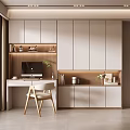 Modern Home Office Desk With White Cabinetry Computer Monitor And Wooden Chair