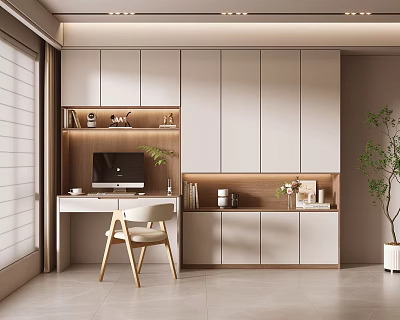 Modern Home Office Desk With White Cabinetry Computer Monitor And Wooden Chair 3d model