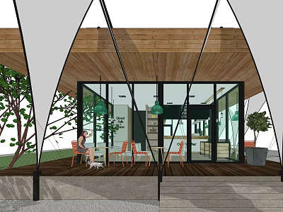 Modern Milk Tea Shop Exterior With Glass Windows Wooden Ceiling And Outdoor Seating 3d model