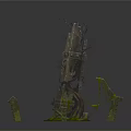 Cartoon Fantasy Scene Featuring Broken Tower Withered Branches Yellow Liquid And Tombstone Like Structures