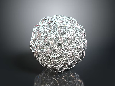 Intricate Silver Wire Woven Sphere With Reflective Surface On Black Background 3d model