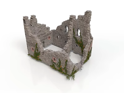 Ancient Stone Castle Ruins with Ivy Covered Walls Towers and Arched Windows 3d model