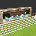 Building Entrance Area With Glass Railings Steps Lawn Wooden Chandeliers And People