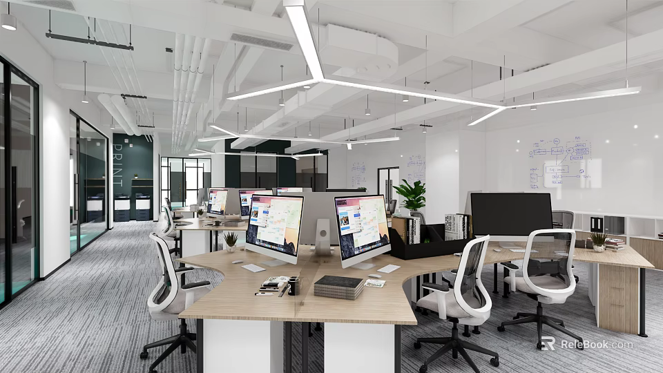 Modern Public Office Space with Multiple Computer Monitors White Desks and Potted Plants 3d model