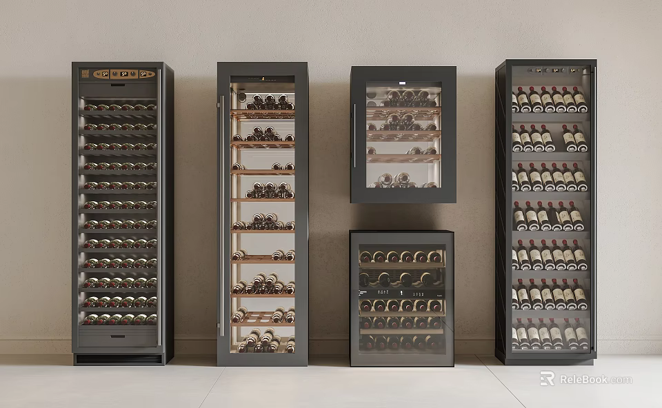 Stylish Wine Cabinets With Glass Doors And Layered Shelves In Various Sizes 3d model 