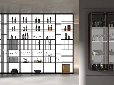 Elegant Modern Glass Door Wine Cabinet Displaying Wine Bottles And Glassware 3d model