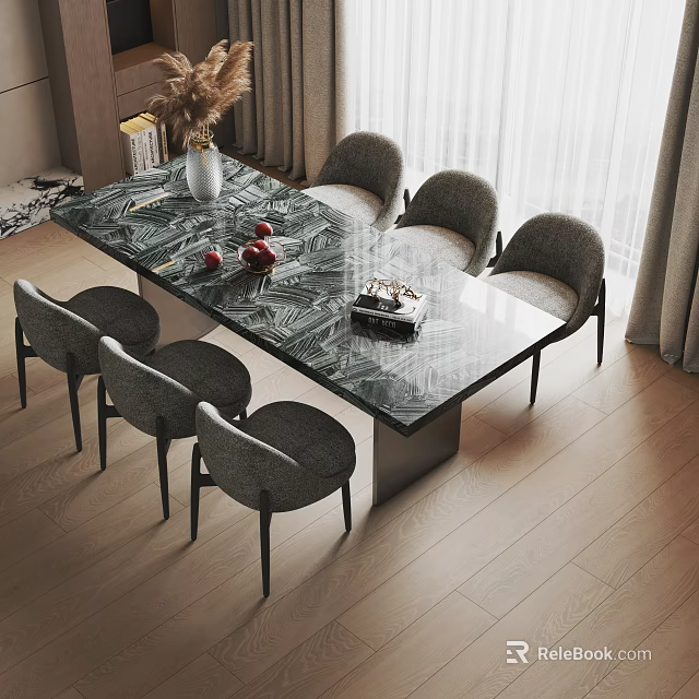 Elegant Restaurant Dining Area With Marble Table Six Chairs Vase Fruits Wooden Floor And Curtains 3d model 