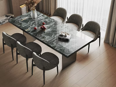 Elegant Restaurant Dining Area With Marble Table Six Chairs Vase Fruits Wooden Floor And Curtains 3d model