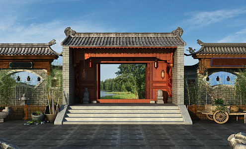 Chinese style gate garden landscape 3d model