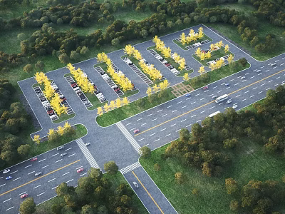 Aerial View Of Green Parking Lot With Trees Along Road And Moving Cars 3d model