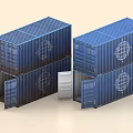 Industrial Shipping Containers Blue Stacked Units With Open Doors And Globe Logo