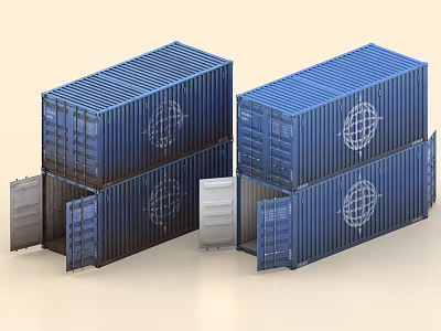 Industrial Shipping Containers Blue Stacked Units With Open Doors And Globe Logo 3d model