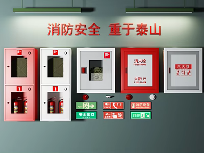 Essential Fire Safety Equipment With Hydrant Cabinets Fire Extinguishers Hoses And Safety Signs 3d model