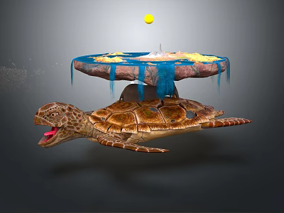 Floating Turtle With Back Platform Featuring Blue Liquid Yellow Elements And Yellow Ball 3d model