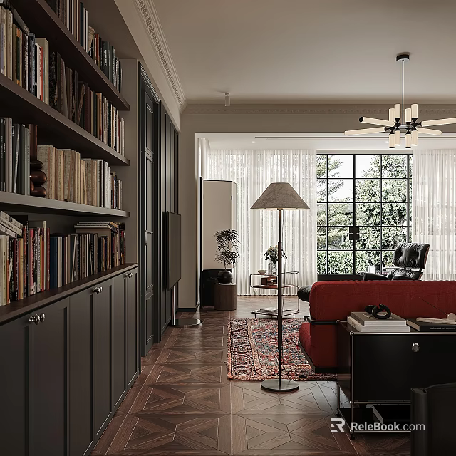 Bright Living Dining Room With Dark Bookshelves Red Sofa Large Windows White Curtains And Greenery 3d model 
