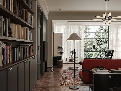 Bright Living Dining Room With Dark Bookshelves Red Sofa Large Windows White Curtains And Greenery 3d model