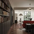 Bright Living Dining Room With Dark Bookshelves Red Sofa Large Windows White Curtains And Greenery