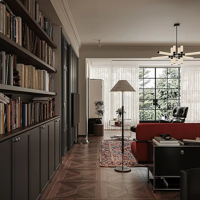 Bright Living Dining Room With Dark Bookshelves Red Sofa Large Windows White Curtains And Greenery 3d model