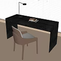 Modern Black Desk With Table Lamp Books And Brown Chair By Window Blinds