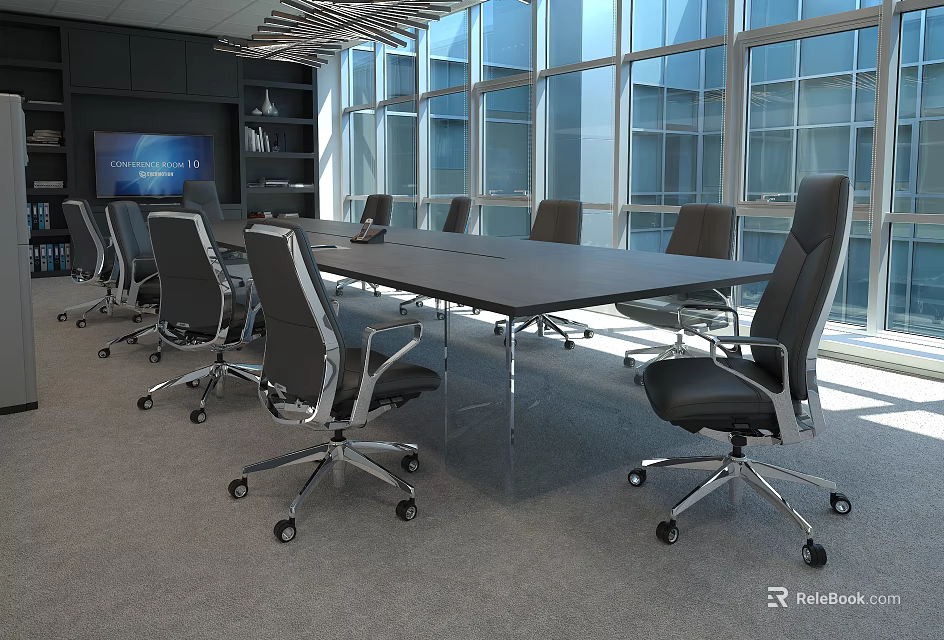 Modern Office Chairs in Contemporary Meeting Room With Large Windows and Conference Table 3d model 