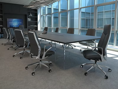Modern Office Chairs in Contemporary Meeting Room With Large Windows and Conference Table 3d model