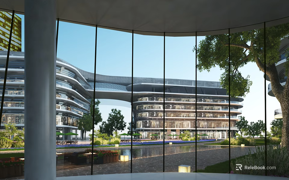 Modern Shopping Mall Lobby Interior With Glass Curtain Wall And Greenery 3d model 
