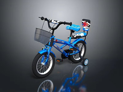 Blue Children's Bicycle With Front Basket Rear Seat And Training Wheels 3d model