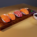 Assorted Fresh Sushi on Wooden Platter with Chopsticks and Soy Sauce Bowl