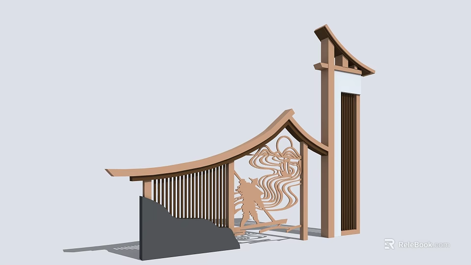 Traditional Chinese Architectural Structure With Curved Roof Wooden Lattice And Carved Motifs 3d model 