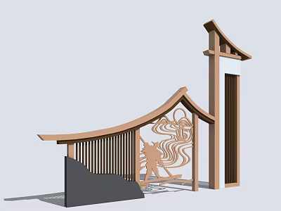 Traditional Chinese Architectural Structure With Curved Roof Wooden Lattice And Carved Motifs 3d model