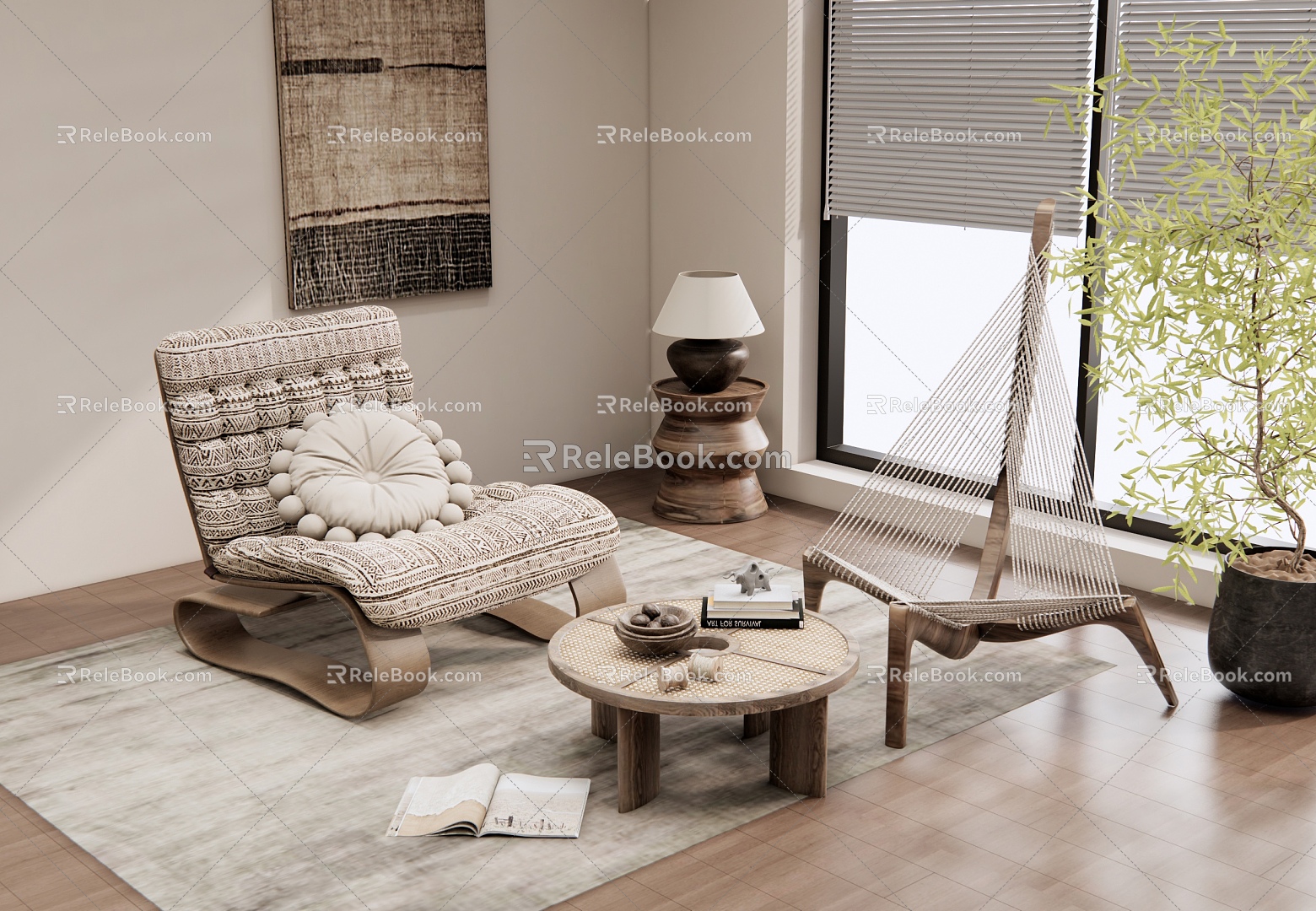 Modern Leisure Chair Recliner Single Sofa Rattan Coffee Table Indoor Plants model