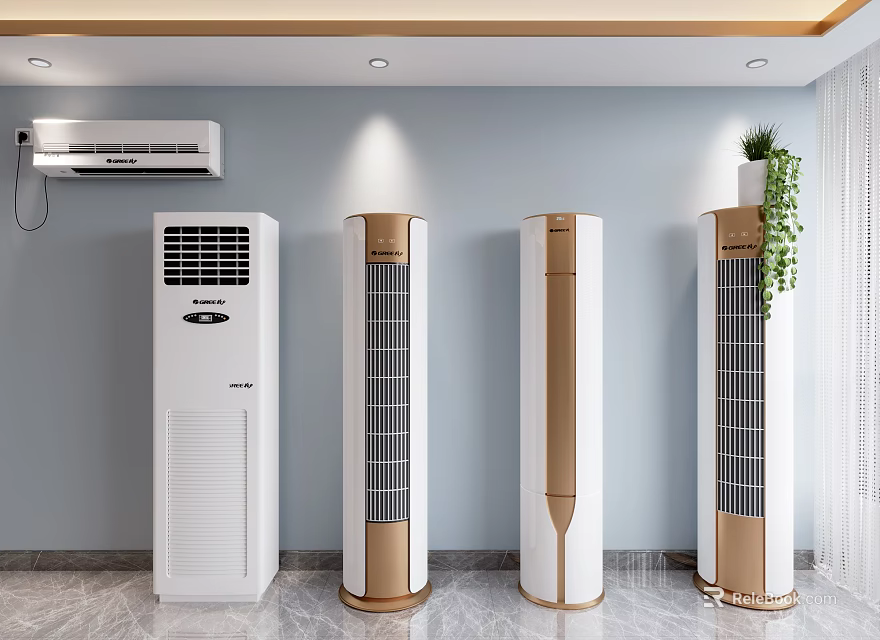 Modern Standing Air Conditioner Fans With White And Gold Design For Indoor Use 3d model 